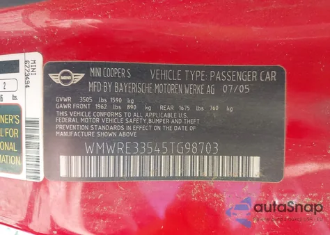 2005 Mini Cooper S из США, поврежденный, VIN WMWRE33545TG98703